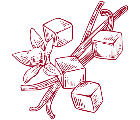 An illustration of spices used in Maker's Mark 101 distilling process in red. There cinnamon sticks, sugar cubes and a vanilla flower. 